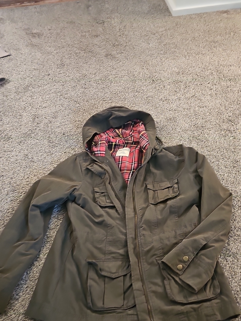 Old Navy Olive Green Hooded Utility Jacket with Red Plaid Lining